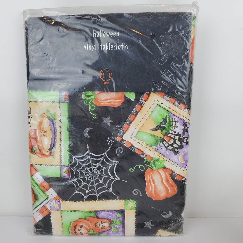 Halloween Vinyl Tablecloth Oblong 52x70" Kohls Black Multicolor Pumpkins Spiders
